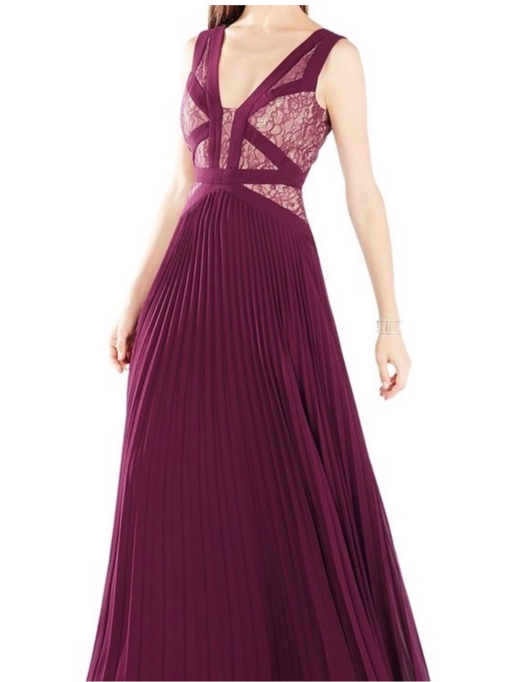BCBGMaxAzria Evonne Lace Blocked Lace Bodice Pleated Maxi Dress - PortWine Color